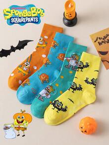 SpongeBob SquarePants 8/4/1 زوج جوارب SquarePants للرجال، جوارب ملونة برسومات كرتونية للسنجاب والحلزون حتى منتصف الساق، خريف/شتاء - متعدد الألوان - مشاهدة 4