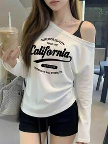 Pure Desire Style One-Shoulder Cold Shoulder Long Sleeve Fitted Waist Curved Hem White Print T-Shirt For Women, Autumn - White - View 7