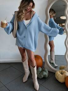 Sookaug Women's Slouchy Hooded Chunky Knit Cardigan, Autumn/Winter Mid-Length Loose Button-Up Sweater Jacket, Knitted Hooded Cardigan With Ribbed Detail Design, Fashion Long Sleeve Regular Fit Sweater, Medium Stretch Light Blue Top - Blue - View 1