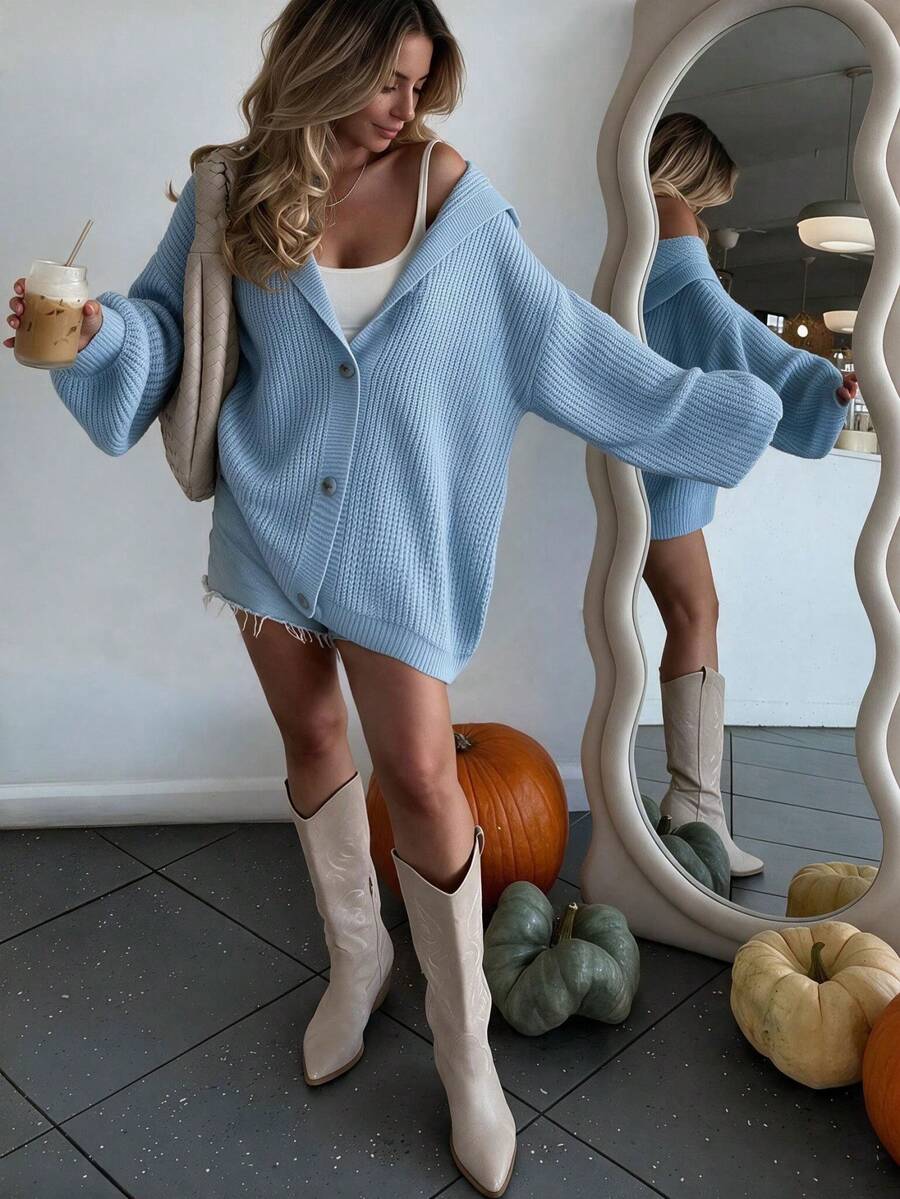 Sookaug Women's Slouchy Hooded Chunky Knit Cardigan, Autumn/Winter Mid-Length Loose Button-Up Sweater Jacket, Knitted Hooded Cardigan With Ribbed Detail Design, Fashion Long Sleeve Regular Fit Sweater, Medium Stretch Light Blue Top - Blue - View 1