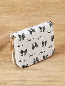 Bow Printed Credit Card Clip, Stylish Coin Wallet Zipper, Credit Card Storage Bag, Simple Casual Multi Card Clip, Perfect For Travel - White - View 6
