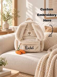 Mochila personalizada bordada con conejo lindo, mochila casual de conejo suave con orejas largas, Charm de zanahoria de ganchillo y bolsillo con cremallera frontal, adecuada para uso diario - Multicolor - Ver 1
