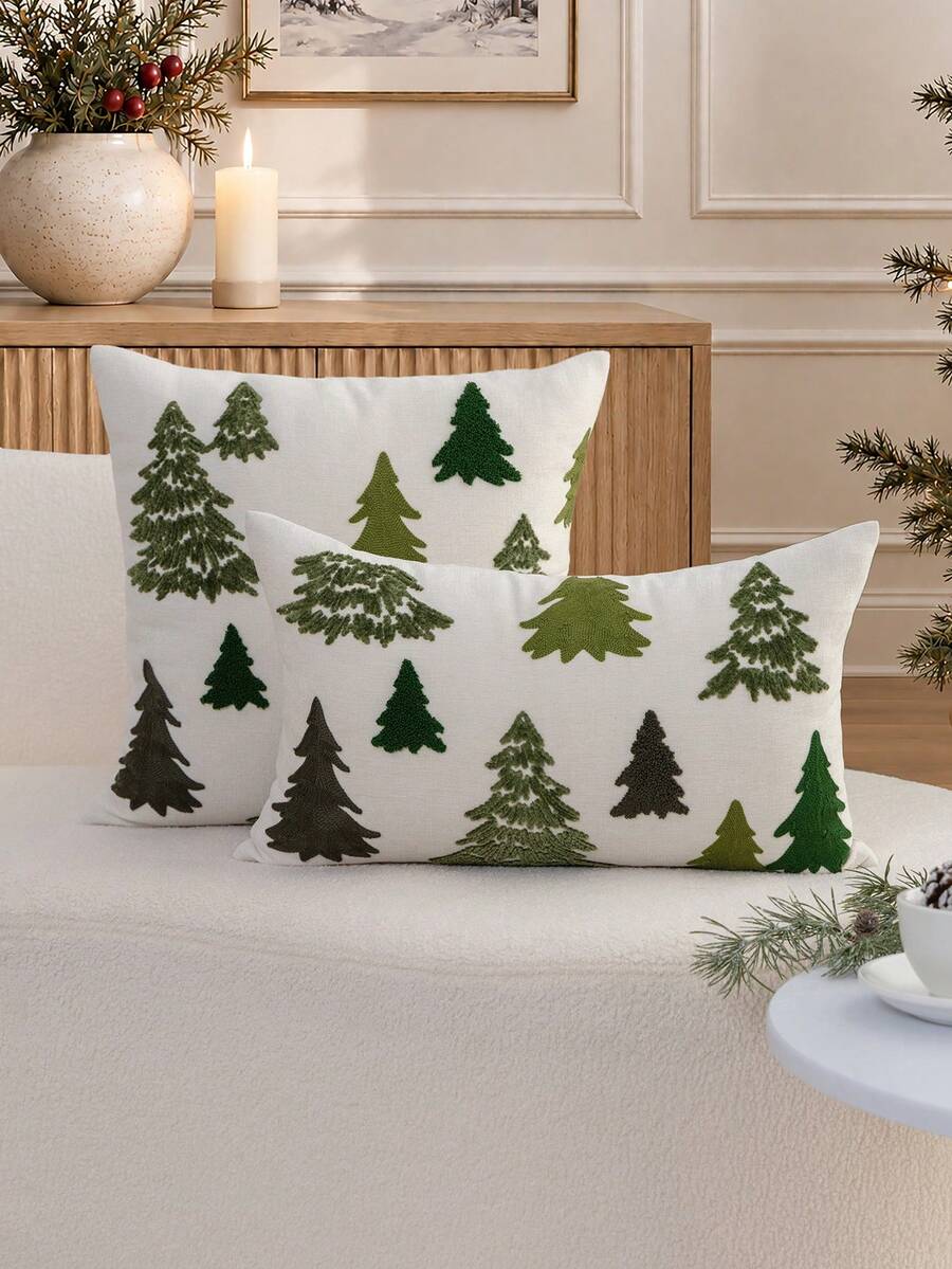 1pc Beige Christmas Tree Embroidered Pillow Case, Suitable For Indoor Decoration, Christmas Decoration, All-Season Pillow Case, Without Insert