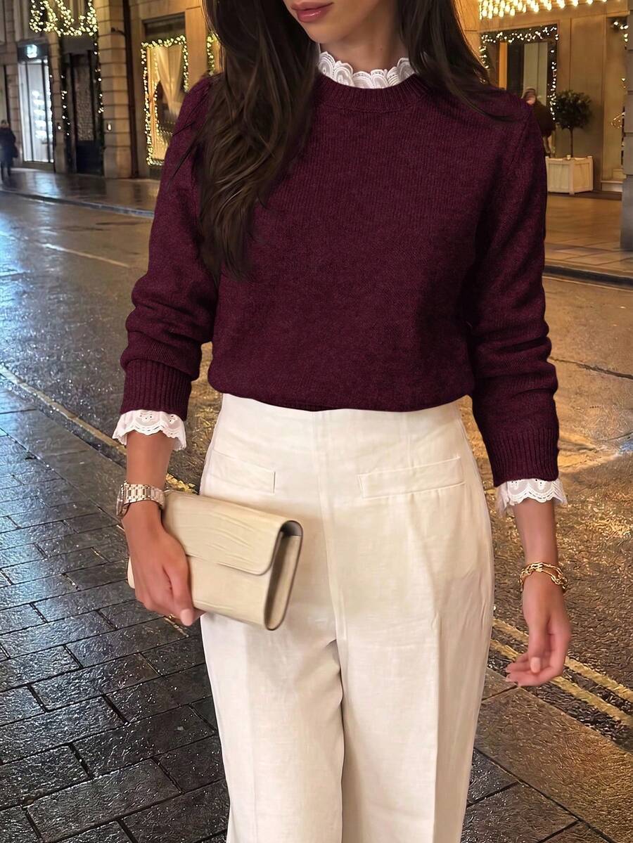 Women's Round Neck Loose Fit Long Sleeve Knit Top, Lace Trim 2 In 1, Solid Color Sweater, Suitable For Office Commute, Autumn/Winter - Burgundy - View 1