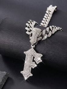 Iced Out Gothic 26 Letter Pendant Cuban Link Chain Necklace, Hip Hop Bling Rhinestone Men's Necklace, Street Party Jewelry Gift - Letter - View 24