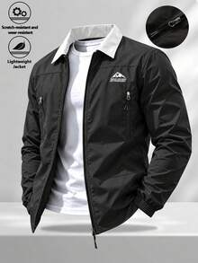 Men's Outdoor Mountain Style Turn-Down Collar Long Sleeve Jacket, Casual Everyday Wear, Versatile All-Match Zip-Up Outdoor Jacket - Black - View 1