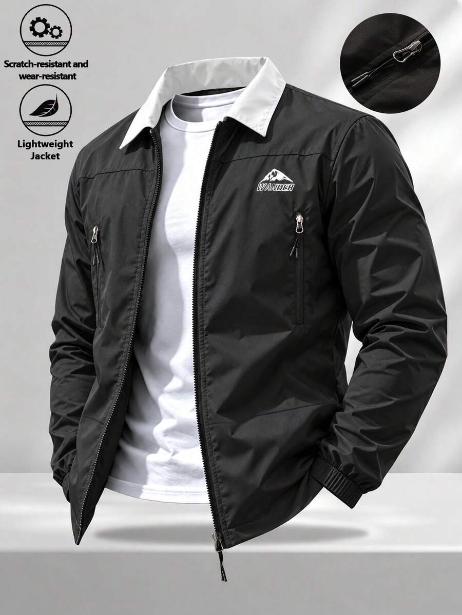 Men's Outdoor Mountain Style Turn-Down Collar Long Sleeve Jacket, Casual Everyday Wear, Versatile All-Match Zip-Up Outdoor Jacket - Black - View 1