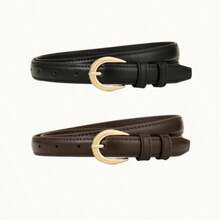3pcs Plus Size PU Leather Belt Set With Gold-Tone Alloy Buckle, Classic Beveled Edge, Versatile Women's Belt For All Seasons - 1.8cm Wide Flat Buckle With Beveled Edge - View 33
