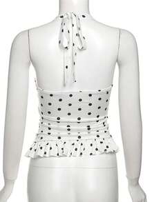 Kliou Summer Polka Dot Print Tank Top Women Halter Low-Neck Bandage Ruffles Backless Sleeveless Skinny Clubwear Basic Vest - White - View 7