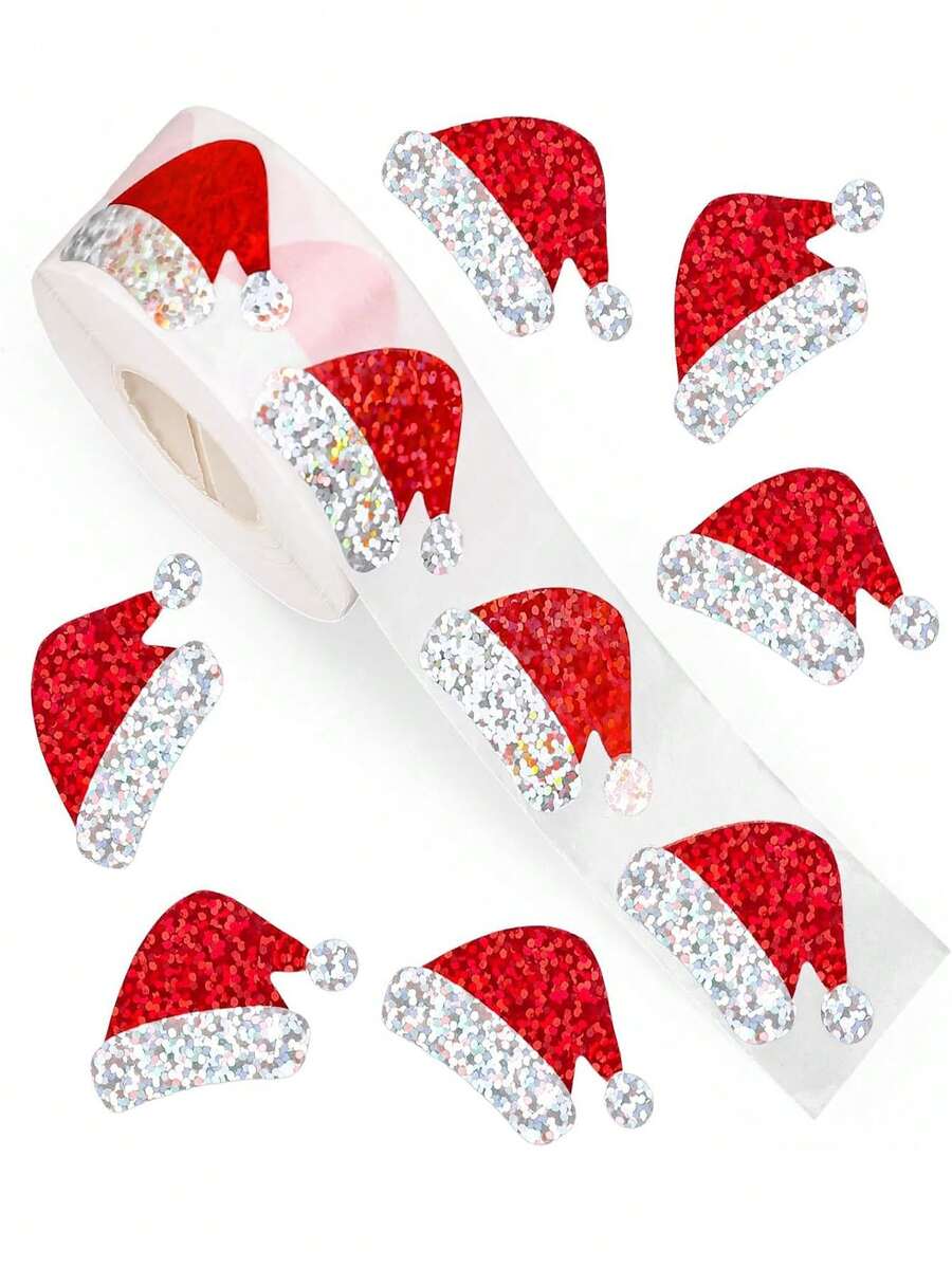 500pcs Self-Adhesive Laser Glossy Red Christmas Hat Doodle Stickers, DIY Decorative Stickers For New Year And Holiday Parties - Multicolor - View 1