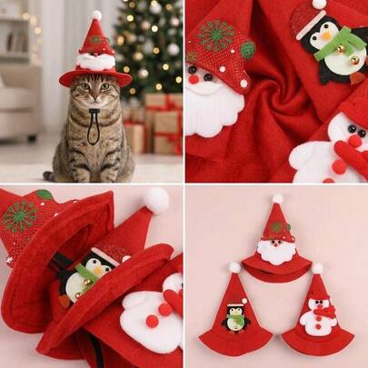1 pieza Sombrero de fiesta navideña para mascotas, sombrero de cono de fieltro rojo con pompón blanco, múltiples diseños navideños, accesorio de disfraz navideño para gatos & perros pequeños, accesorio de foto para fiesta navideña & disfraz festivo para mascotas