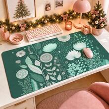1pc Emerald Green Botanical Flower Mouse Pad, White Lotus Daisy Leaf Folk Art Pattern Extended Desk Mat For Home Office And Gaming, Sizes S/M/L/XL - View 1