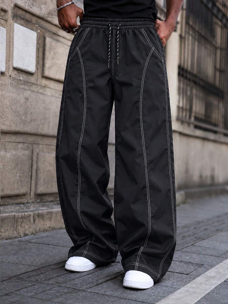Soft, Loose Wide Leg Sweatpants, Suitable For All Body Types, Straight Leg, Adjustable Drawstring Waist, Solid Color Design, Versatile Knit Casual Pants, Suitable For All Seasons, Ideal For Daily Wear, Home Relaxation, Fitness Training, Walking, Jogging, Shopping, Dating, Travel, Campus Commuting, Outdoor Leisure, Street Style, Light Exercise, Perfect Gift For Boyfriend And Husband - Black - View 1