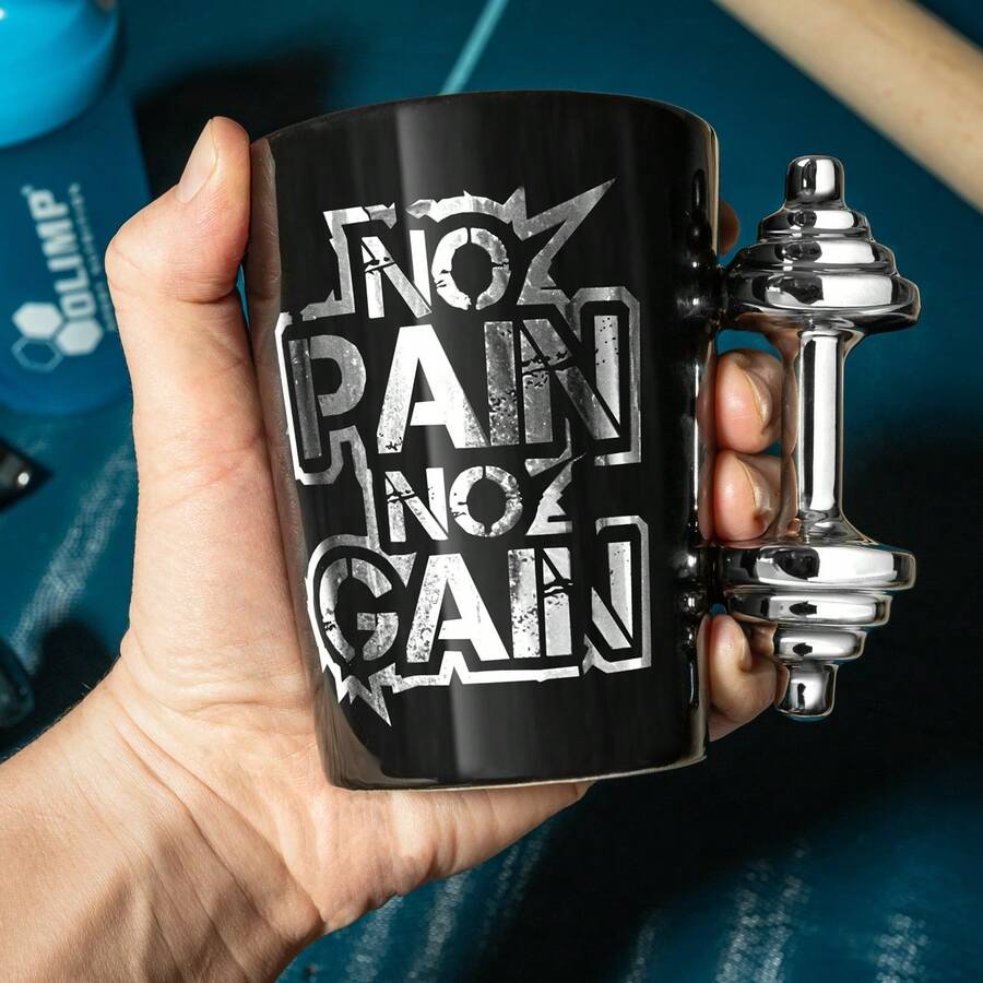 Dumbbell Handle Fitness Mug 350ml – Ceramic Coffee Cup With "No Pain No Gain" Design, Gift For Gym Lovers - Black - View 1