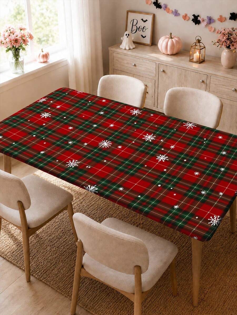 Christmas Red & Green Plaid Snowflake Tablecloth, Holiday Atmosphere Dining Table Decor, Home Rectangular Fabric Table Runner - A - View 1