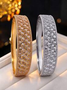 1 pieza Pulsera de moda para mujer con broche de circonita completa, diseño de nicho de alta gama, brazalete exquisito, joyería versátil y elegante para uso nocturno - pulsera - Ver 3