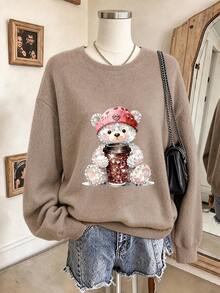 Áo len cổ tròn dệt kim mềm thời trang nữ size lớn, họa tiết in "Bear Coffee" mới cho mùa Thu/Đông, có thể giặt máy - Màu Khaki - Xem 1