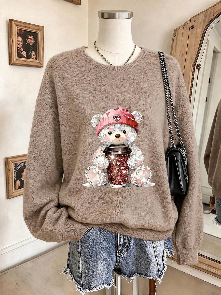 Áo len cổ tròn dệt kim mềm thời trang nữ size lớn, họa tiết in "Bear Coffee" mới cho mùa Thu/Đông, có thể giặt máy - Màu Khaki - Xem 1