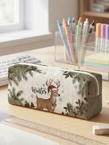 1pc Christmas Elk All-Over Print Corduroy Kids Pencil Case,Zipper Large Capacity Stationery Storage Pouch For Student School Daily Study - Multicolor - View 10