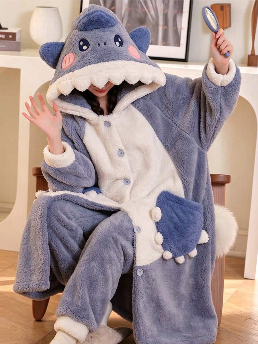 Cute Shark Hooded Bathrobe, Soft Fluffy Plush Wearable Blanket, 3D Cartoon Shark Design With Pockets, Oversized Thick Warm Wrap, Suitable For Indoor And Outdoor Camping, Women's Cartoon Dinosaur Wearable Hooded Plush Blanket, Button-Up Warm Fleece Sleeping Bag Blanket With Pockets, Suitable For Home, Camping, Party, Leisure, Family Entertainment And Theme Party - Multicolor - View 1