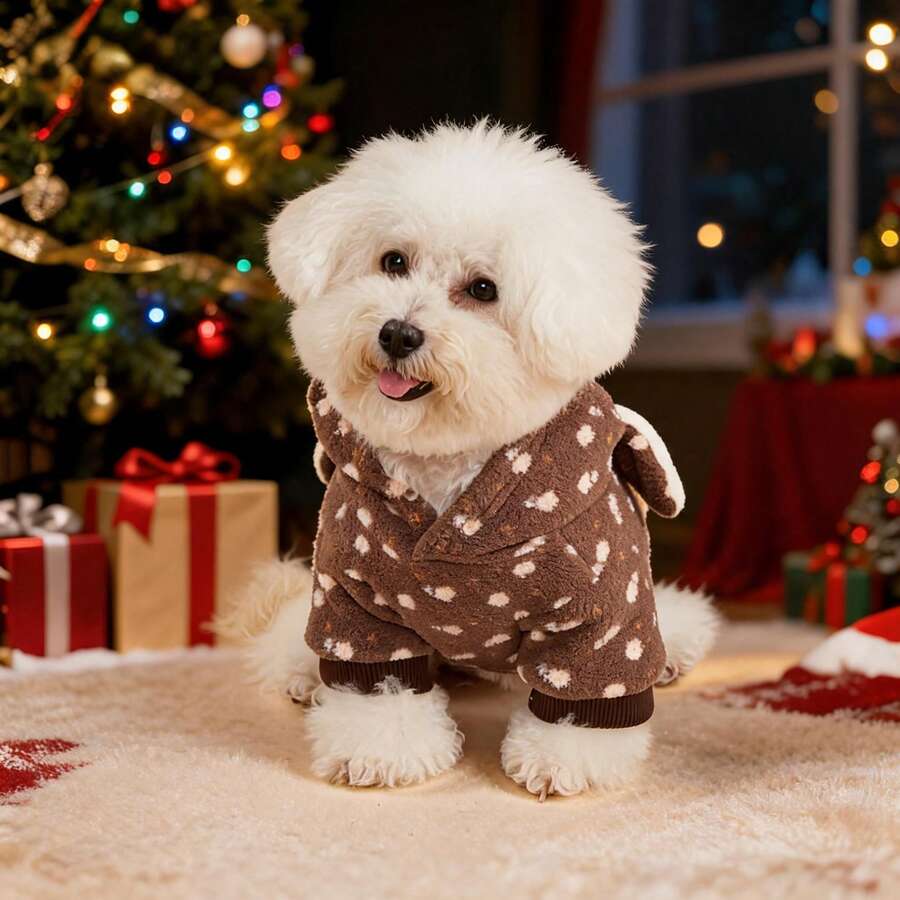1pc Deer Horn Hooded Pet Two-Legged Outfit, Polka Dot Pattern, Ribbed Cuffs And Hem, Cute Transformation Style, Suitable For Small And Medium Cats And Dogs, Warm For Autumn And Winter - Brown - View 1