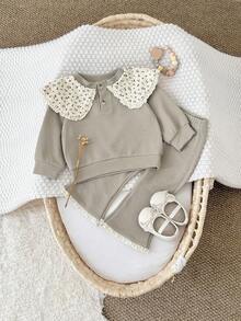 2pcs/Set Baby Girl Ditsy Floral Peter Pan Collar Casual Long Sleeve Sweatshirt And Long Pants Set, Spring/Autumn - Brown - View 13