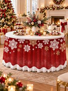 1 buah Rok Meja Natal, Motif Kepingan Salju Merah Putih, Penutup Meja Bundar Berumbai dari Poliester, Rok Meja Dekoratif Meriah untuk Meja Makan, Meja Hidangan Penutup, Prasmanan, Pesta Natal, Makan Malam Liburan, Dekorasi Rumah Musim Dingin - C - View 9