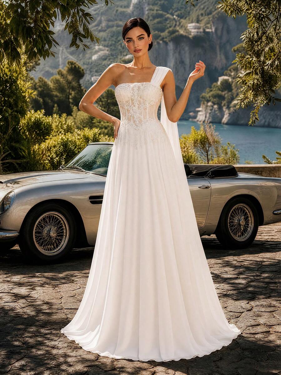 HEARBOBO Romantic Off-The-Shoulder Bridal Gown Featuring Exquisite Sequin And Pearl Embroidery, A Long Woven Fabric Dress For Elegant Weddings - White - View 1