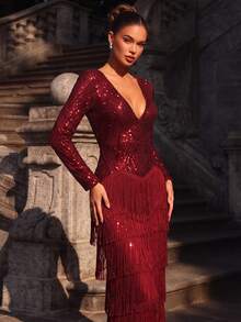 LOVE&LEMONADE Charming Burgundy Deep V-Neck Long Sleeve Sequin Fringe Layered Hem Holiday Party Dress - Burgundy - View 4