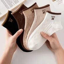5/7 Pairs Women's Letter M Mid-Calf Socks, One Size Soft Cotton Contrast Cuff, All-Season Casual Socks - Multicolor - View 7