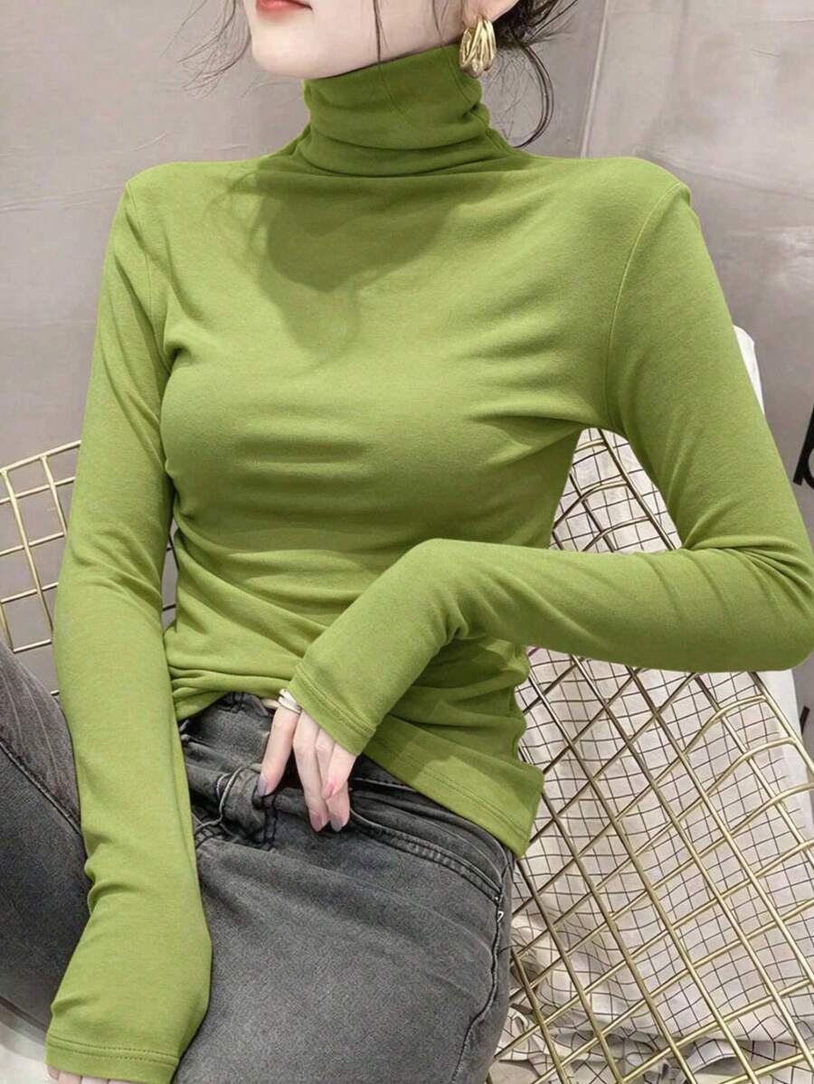 女款高領高領保暖內搭上衣，2024春夏秋冬新款，長袖黑色薄款上衣