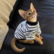 1pc Pet Supplies, Pet Clothing, Cute Striped Two-Legged Cat Vest, Thickened Warm Design For Autumn/Winter, Blue Cat Hairless Cat Home Wear - Black and White - View 3