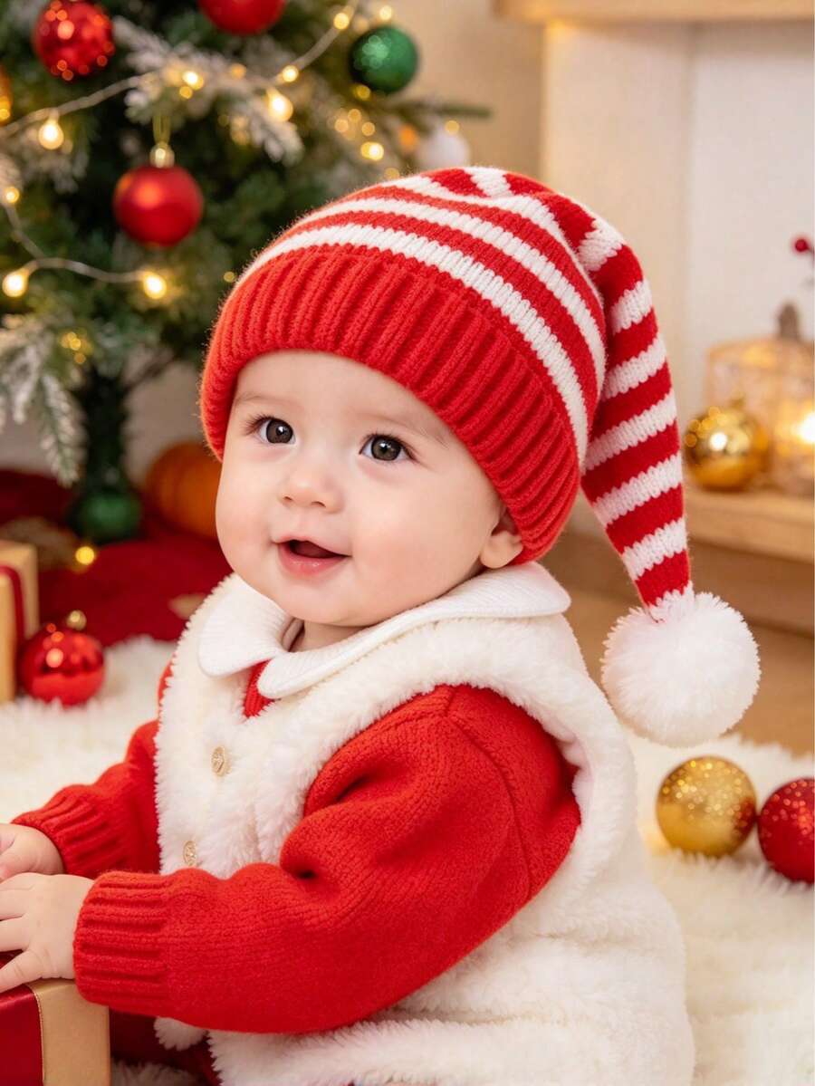 1Pc Kids Santa Knit Beanie Red White Striped Winter Hats For Girls Boys Teens Baby Essentials For Party Costume And Christmas Gift - Multicolor - View 1