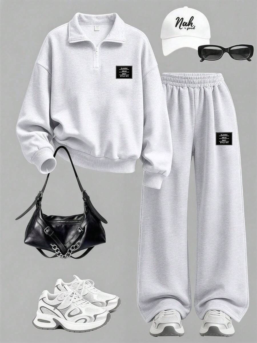 Setelan 2 Potong untuk Remaja Perempuan: Sweatshirt Setengah Resleting dan Celana Panjang Lebar dengan Motif Bordir, Gaya Kampus, Pakaian untuk Acara Homecoming. - Light Grey - View 1