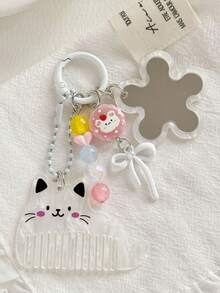 1pc Cute Cat Comb Keychain Flower Small Mirror Beaded Pendant Girl Style Bag Charm Phone Strap - Multicolor - View 4