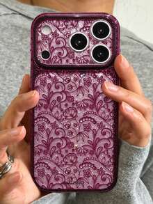 Luxury Elegant Lace Floral Glitter Diamond-Patterned Camera Protection Phone Case Compatible With IPhone 18 Pro Max 18 Pro 17 Pro Max 17 Pro 17 16 Pro Max 16 Pro 16 15 Pro Max 15 Pro 15 14 Pro Max 14 Pro 14 13 Pro Max 13 Pro 13 Vintage Sparkling Shiny Glossy Soft Protective Back Cover - Burgundy Contrast Lace - View 2
