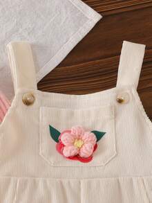 Baby Girl Cute Sweet Spring/Autumn 2-Piece Set, Elastic Pink Ribbed Top + Pink Floral Decor Front Pocket Button Adjustable Strap Long Pants - Pink - View 6