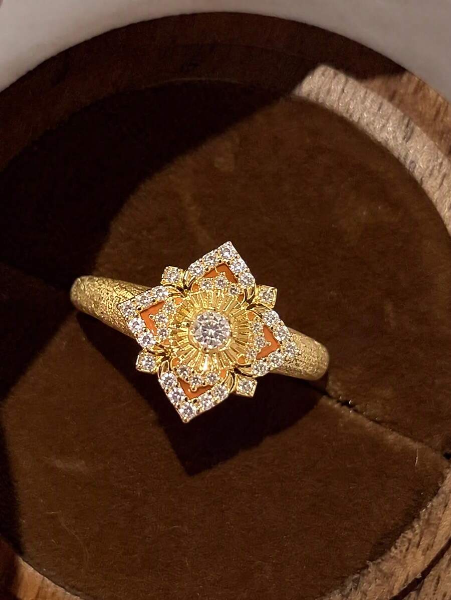 1pc Women's Ring, Gold Metal Flower Inlaid With CZ, Delicate Sparkling Versatile Ring, Autumn Style Daily Wear Accessory - Ring - View 1