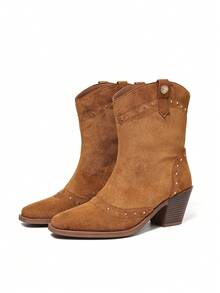 DENGWEISI Camel Rivet Western Boots Chunky Heel Square Toe Comfortable Versatile Elegant Office Commute Daily New European American Punk Style Spring Autumn Fashion Women's Boots - Camel - View 3