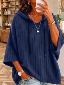 Pullover Wanita Warna Polos Bergaris dengan Tudung, Tali Serut, Leher V, Lengan 3/4 Model Kelelawar, Atasan Kasual Longgar, Musim Gugur/Dingin - Navy Blue - View 3