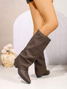 Women's Brown Retro Maillard Tall Boots, Pointed Toe Chunky Heel Riding Boots, Western Style With Side Zipper And Rhinestones, Holiday - Coffee Brown - View 3