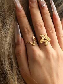 2pcs Set Vintage Gold Flower & Wavy Open Ring Set, Western Style Stainless Steel Stackable Rings, Suitable For Daily, Holiday, Party Or Gift - Floral Geometric Ring - View 4