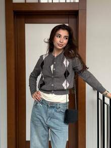 Women's Sweater Autumn/Winter Fashion New Style - All-Match Top - Elegant Minimalist Casual Versatile - British Round Neck Argyle Pattern Autumn - Grey - View 3