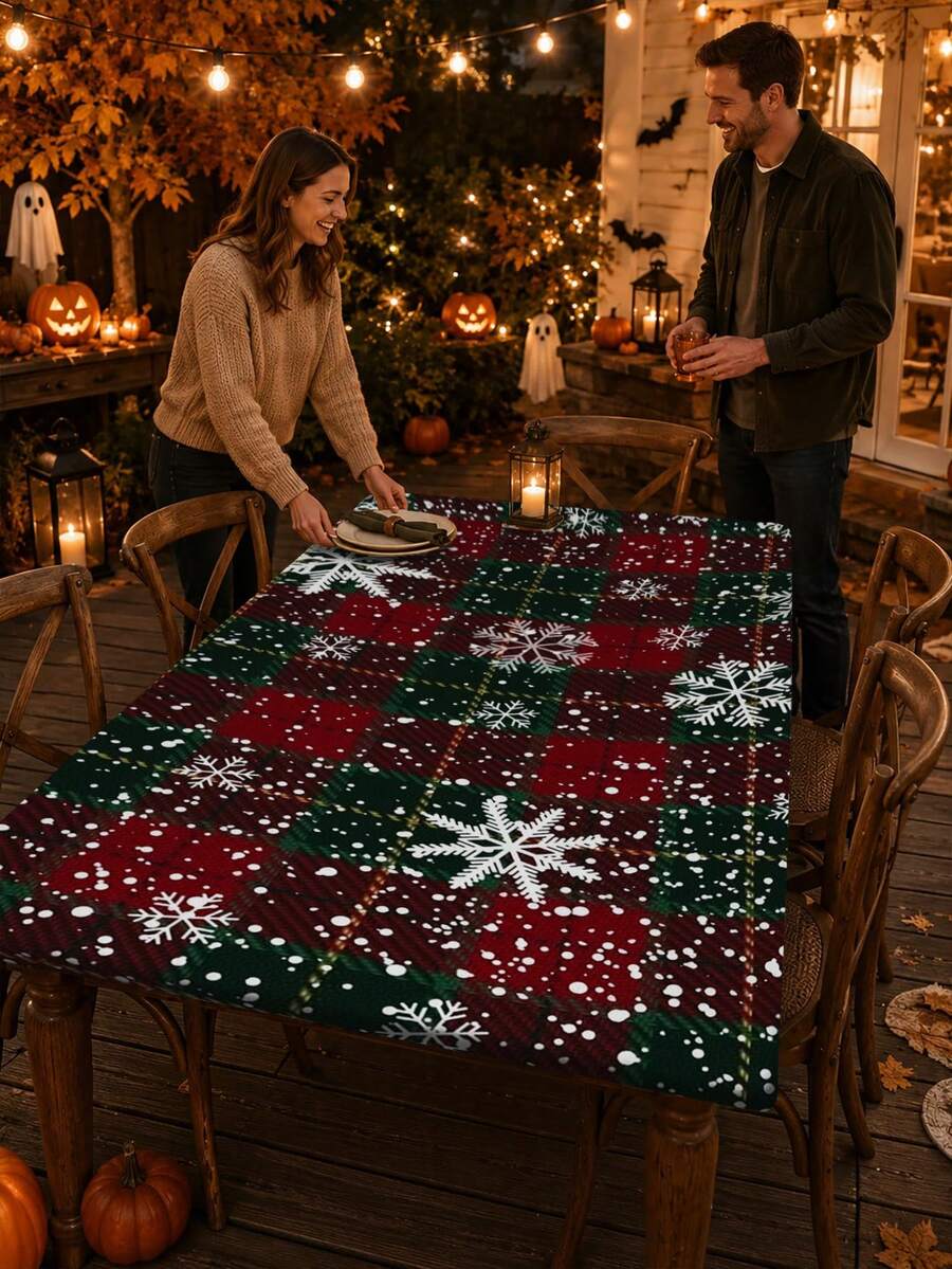 Taplak Meja Motif Salju Kotak-kotak Merah & Hijau Natal, Penutup Meja Kain Tahan Lama, Penggunaan Dalam & Luar Ruangan, Dekorasi Meja Pesta & Acara Liburan - B - View 1