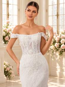 HEARBOBO Elegant White Lace Applique Mermaid Graduation Gown, Fairy Wedding Dress With Train - White - View 3