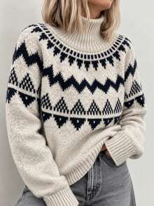Women's Fashion Oversized Casual Color-Blocked Turtleneck Pullover Fair Isle Patterns Fall Outfit For Women Fall/Winter Clothes For Women - Multicolor - View 7