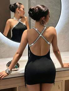 Women's Sexy Tassel Halter Neck Short Fitted Dress For Date Romantic Party - Black - View 1