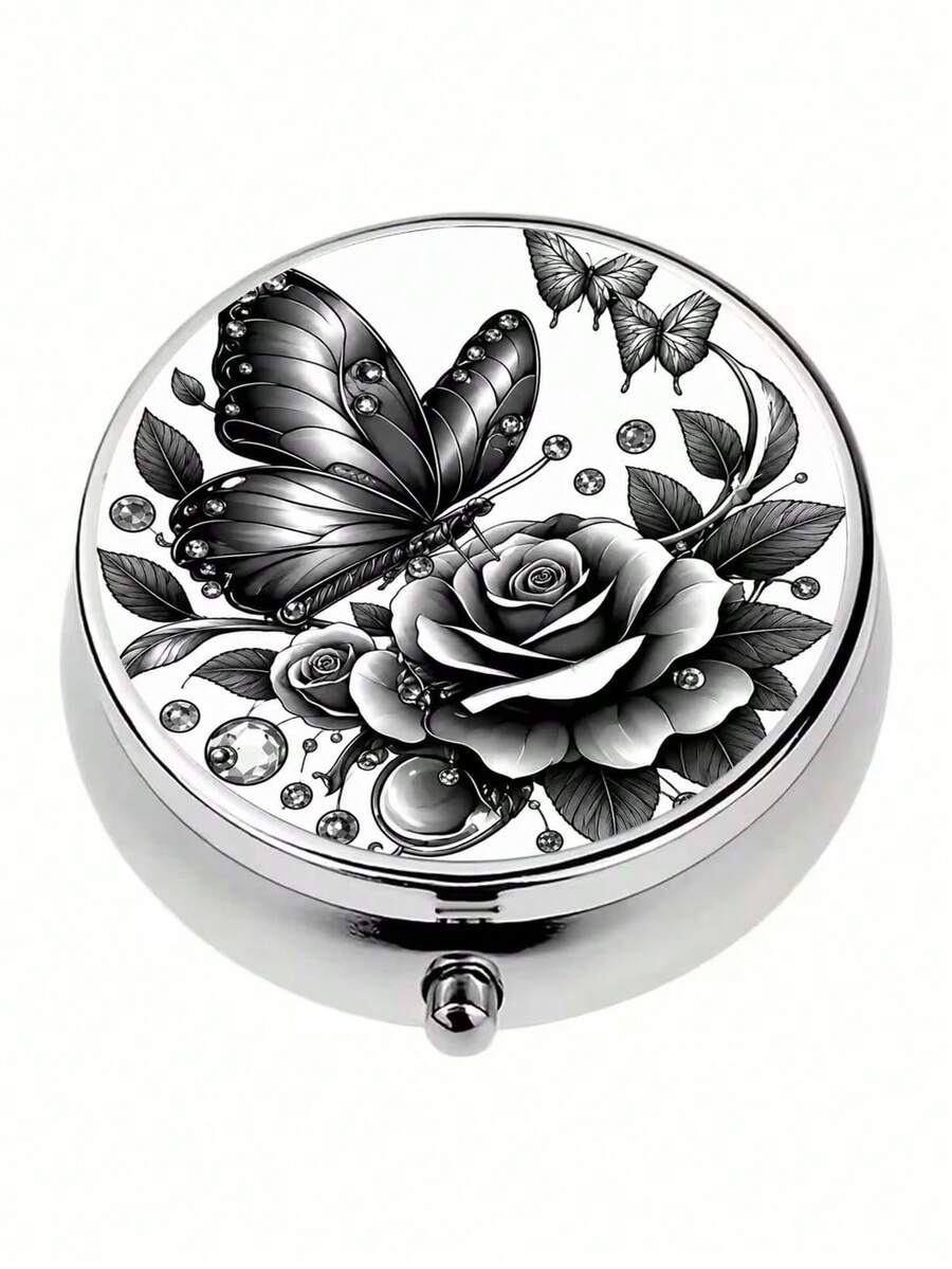 1pc Black & White Butterfly Rose Print Metal Box, Dual Compartment Convenient Round Pill Box, Multi-Functional Design, Can Store Vitamins, Capsules, Pills And Jewelry, Easy To Carry, An Exquisite Accessory