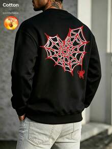 Men's Autumn/Winter Thermal Lined Crew Neck Loose Fit Sweatshirt, Decorated With Spider Web And Spider Pattern - Black - View 10