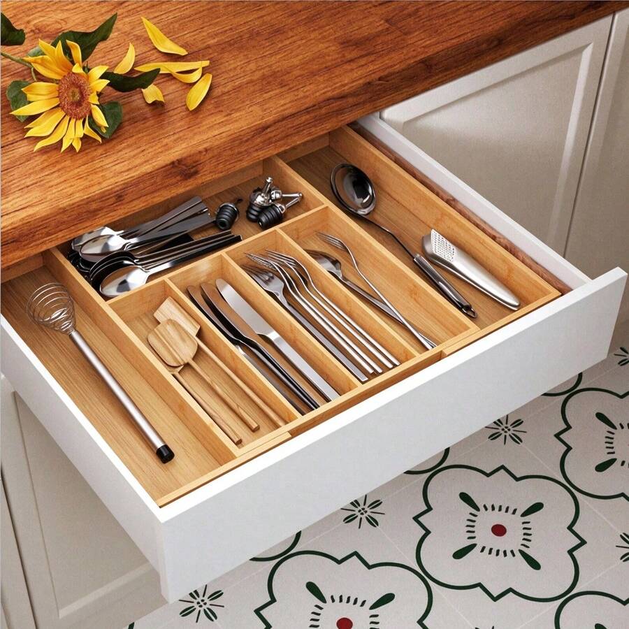 1pc Expandable Bamboo Kitchen Drawer Organizer, Adjustable Wooden Utensil Tray For Kitchen Tools, Silverware, Knives And Forks - Back To School Edition - Multicolor - View 1